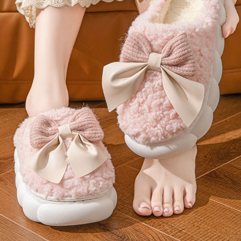Women Shoes On Sale - Sweet Bowknot Furry Indoor Slippers Women