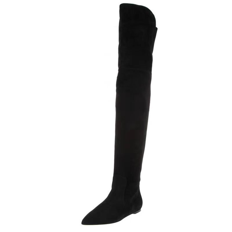 Pointed Toe Flat - Black Suede Flat Over The Knee